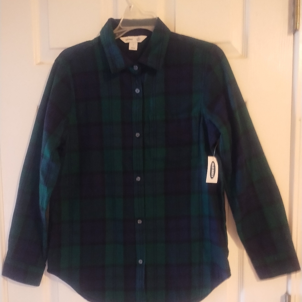 Women's Old Navy Long Sleeve Button Down Shirt Size M . Navy Blue & Green Plaid